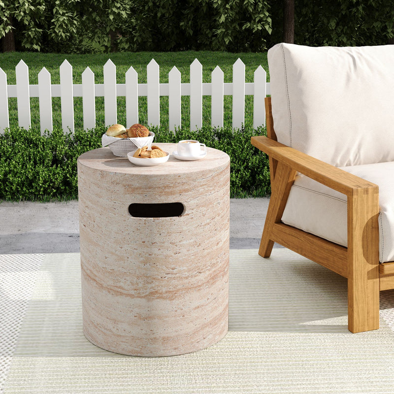 Modern Concrete Side Table With Travertine, Indoor / Outdoor Use - Beige - R&R Furniture Gallery (Fountain Valley, CA)