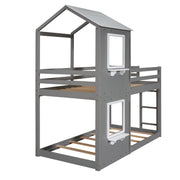 DreamHaus wooden bunk bed with roof, window, guardrail, and ladder, showcasing a sturdy, multi-functional sleeping structure.