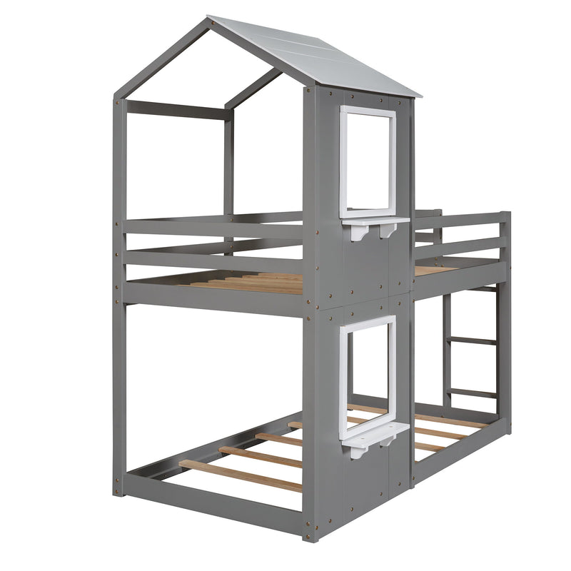 DreamHaus wooden bunk bed with roof, window, guardrail, and ladder, showcasing a sturdy, multi-functional sleeping structure.