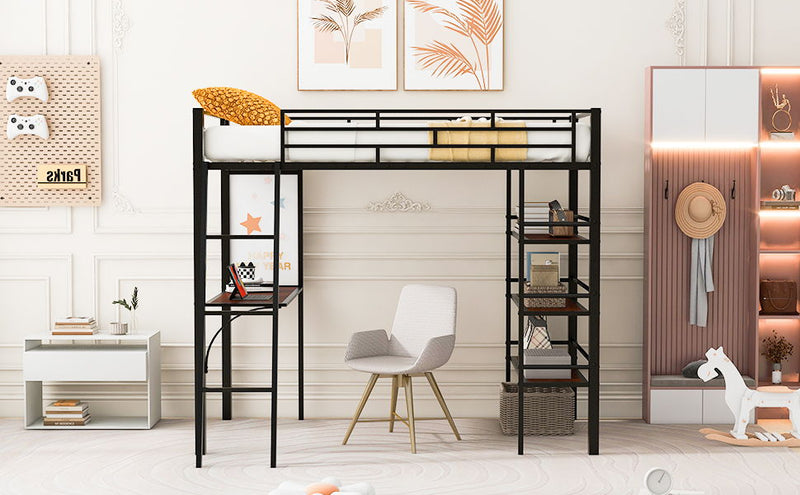 Loft Metal Bed With 3 Layers Of Shelves And Desk, Stylish Metal Frame Bed With board - R&R Furniture Gallery (Fountain Valley, CA)
