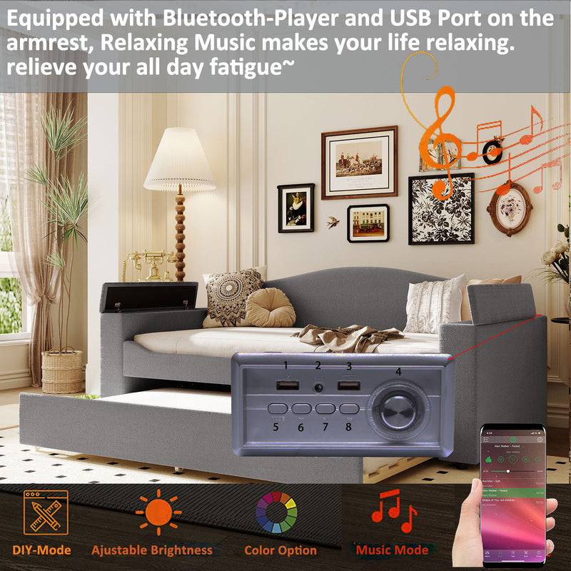 Upholstered Daybed With Storage Armrests, Trundle And Latest Integrated tooth Audio System - R&R Furniture Gallery (Fountain Valley, CA)
