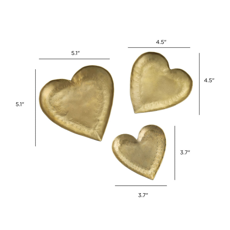 Set of three hammered brass iron heart-shaped catchalls serving bowls by TOV Furniture, with a textured, rustic finish.