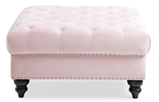 Soft Charming Traditional Ottoman by Glory Furniture, upholstered Ottoman with intricate fabric design and wooden legs.
