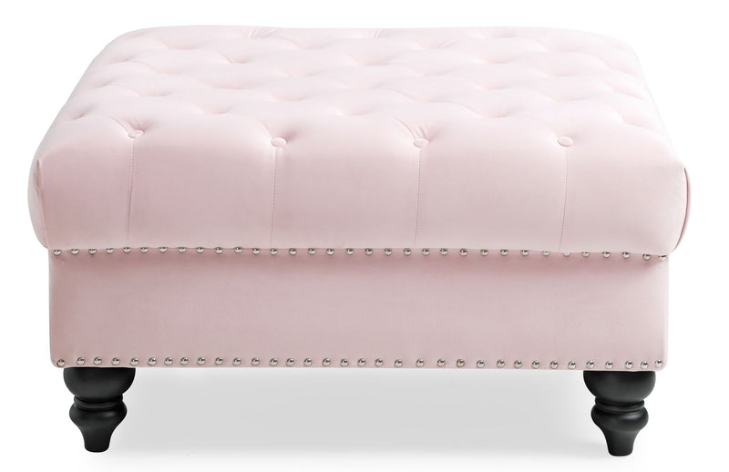 Soft Charming Traditional Ottoman by Glory Furniture, upholstered Ottoman with intricate fabric design and wooden legs.