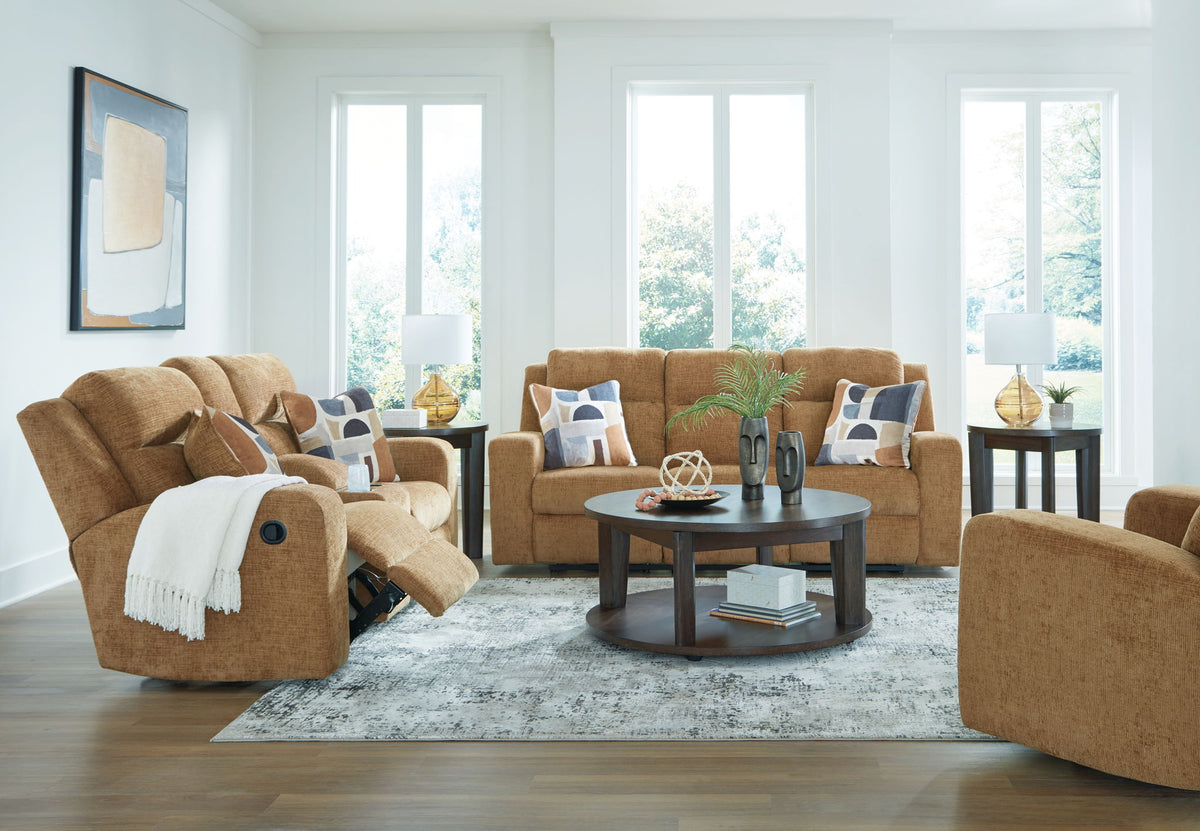 Signature Design by Ashley Kanlow reclining sofa and loveseat set in a modern living room with plush fabric and contemporary style.