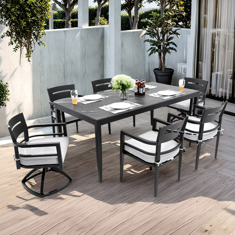 Modern Outdoor Patio Dining Set With Table And Chairs With Sunbrella Cushions - R&R Furniture Gallery (Fountain Valley, CA)