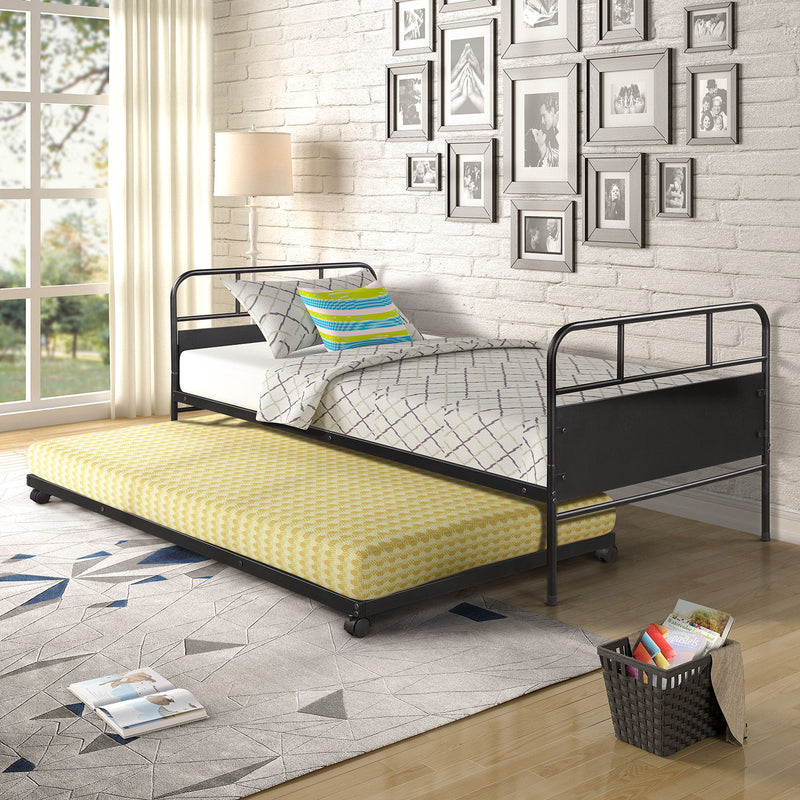 Twin Size Daybed Platform Bed Frame With Trundle Built In Casters - Black - R&R Furniture Gallery (Fountain Valley, CA)