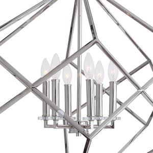 Uttermost Euclid 6-light nickel cube pendant light with geometric design hanging from ceiling.