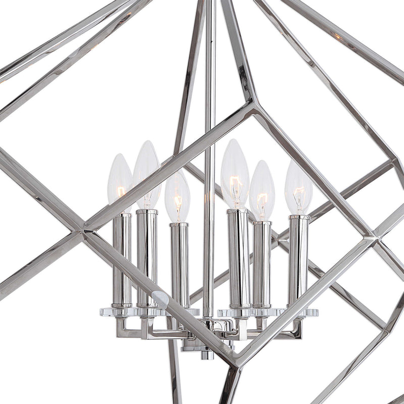 Uttermost Euclid 6-light nickel cube pendant light with geometric design hanging from ceiling.