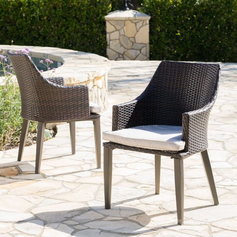 Noble House Hillhurst outdoor chair set with weather-resistant cushions, featuring two comfortable, stylish outdoor patio chairs.