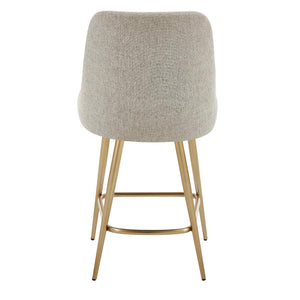 Gray upholstered counter stool with gold accents, featuring a modern design and wooden legs, perfect for kitchen or bar area.