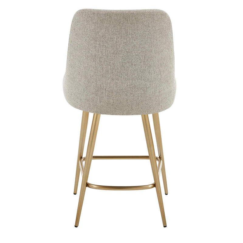 Gray upholstered counter stool with gold accents, featuring a modern design and wooden legs, perfect for kitchen or bar area.