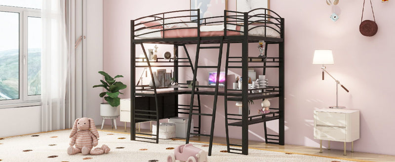 Loft Bed With 4 Layers Of Shelves And L-Shaped Desk, Stylish Metal Frame Bed With A Set Of Sockets, USB Ports And And Wireless Charging - R&R Furniture Gallery (Fountain Valley, CA)