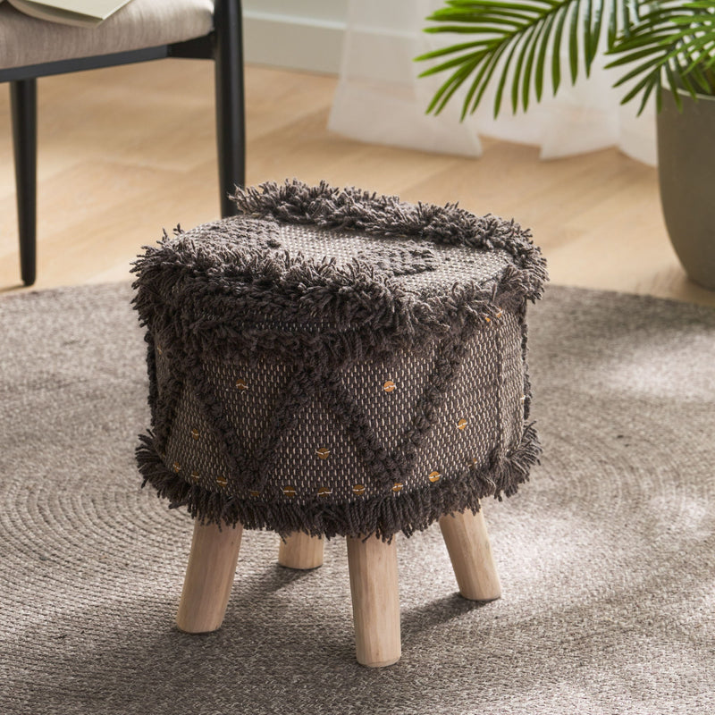 Dark brown handcrafted wool and cotton foot stool with eucalyptus wood frame from Noble House, stylish and comfortable ottoman.
