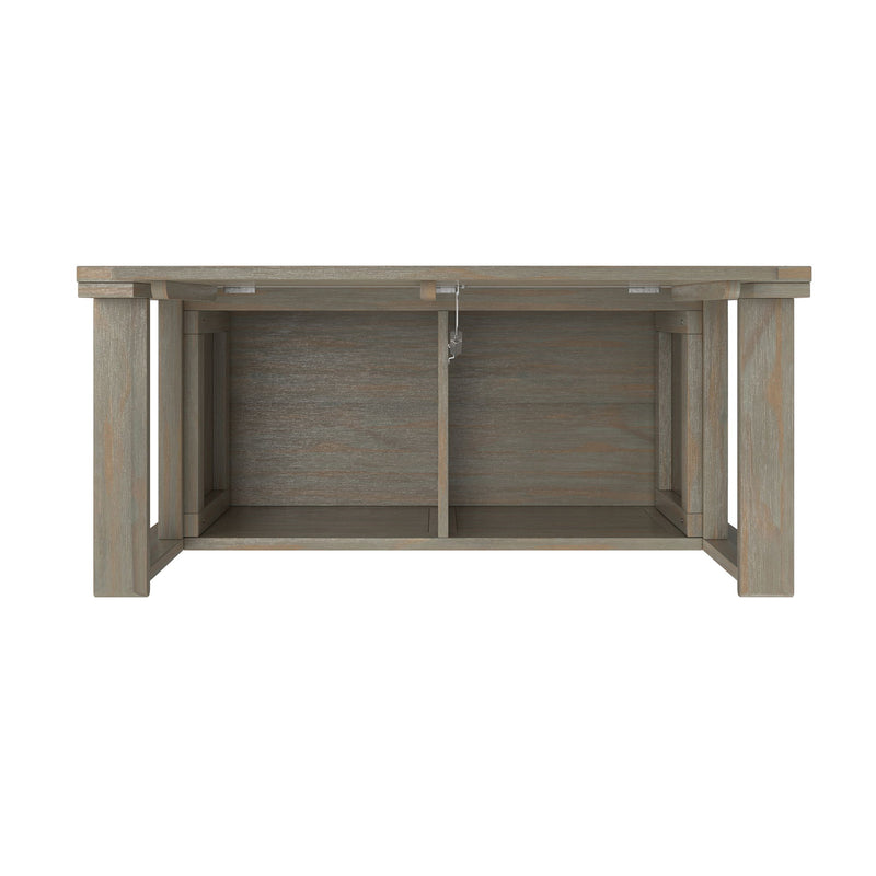 Simpli-Home Amherst small transitional entryway storage bench with wooden finish and cushioned seat, ideal for organizing shoes and accessories.