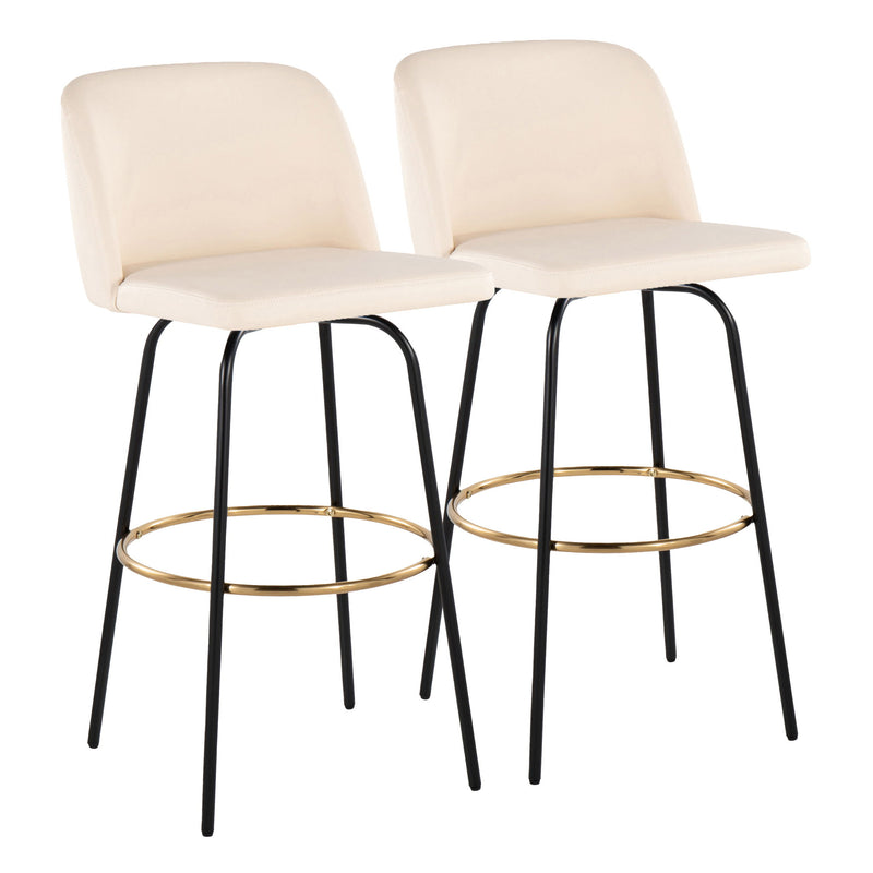 Lumi Source Toriano contemporary fixed height barstool set with swivel, round footrest, black upholstery, and sleek modern design.