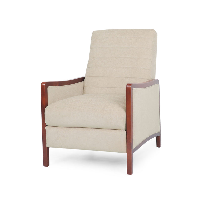 Noble House Mid Century Modern fabric channel stitch wood pushback recliner with sleek design and cushioned seating.