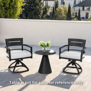 Set of two Life Outside Ember Black outdoor patio swivel rockers with Sunbrella fabric cushions, perfect for relaxing outdoors.
