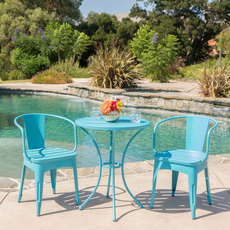 Noble House Yearn 3-piece outdoor bistro set with a table and two chairs, ideal for patio or garden seating.