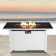 White and black outdoor fire pit table with lid by LSI Patio Furniture, showcasing a modern design for outdoor heating and ambiance.
