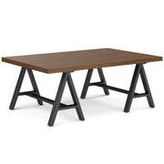 Handcrafted solid wood sawhorse-style coffee table by Simpli-Home with a sturdy, rustic design and natural wood finish.