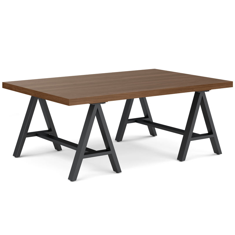 Handcrafted solid wood sawhorse-style coffee table by Simpli-Home with a sturdy, rustic design and natural wood finish.