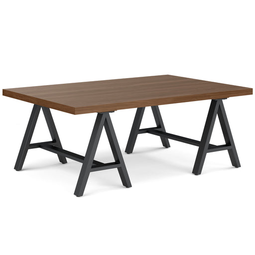 Handcrafted solid wood sawhorse-style coffee table by Simpli-Home with a sturdy, rustic design and natural wood finish.