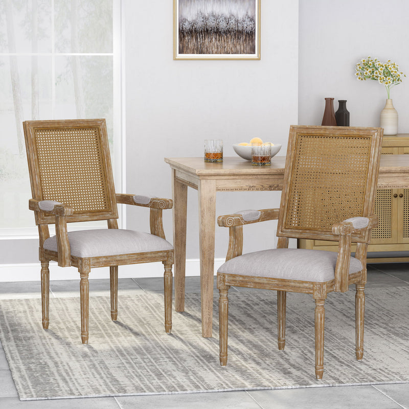 Elegant French country style arm chair with cane backrest by Noble House, showcasing a classic wooden frame and detailed craftsmanship.