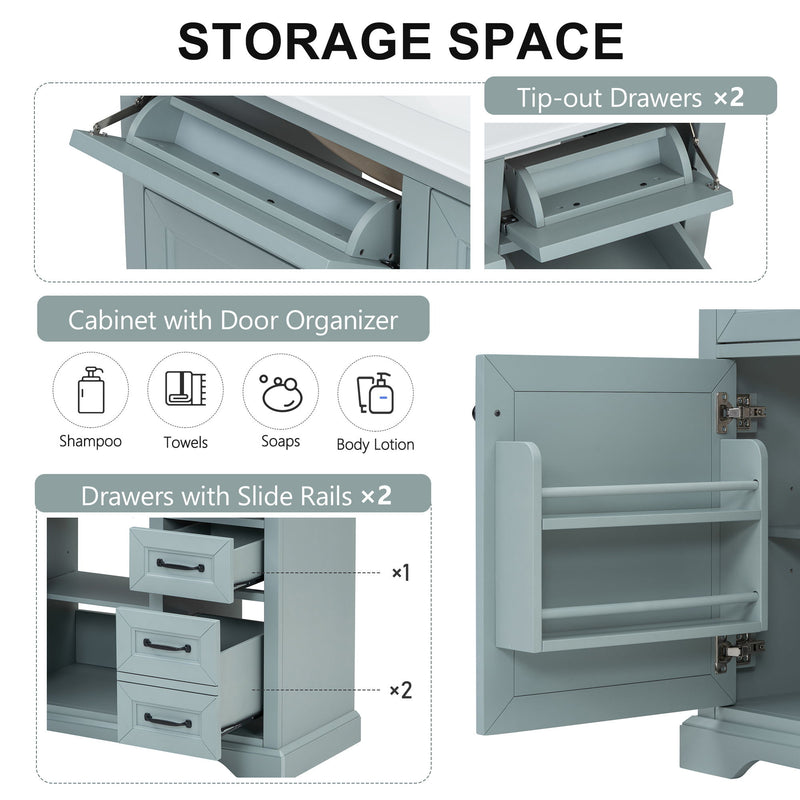 Bathroom Vanity With Sink, 2 Tip Out Drawers, Soft Close Hinges - Gray
