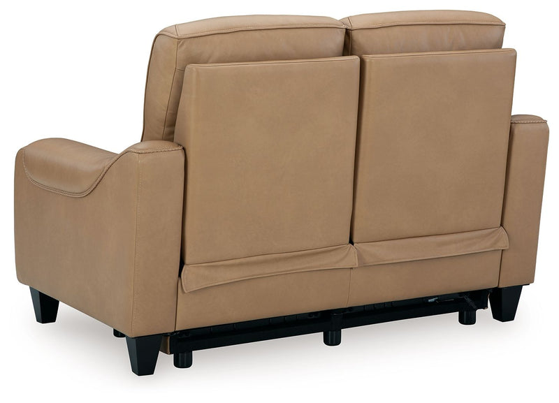 Ashley Mosswell power reclining loveseat in toffee with adjustable headrest, showing plush fabric and reclining mechanism.