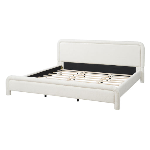 Artistry At Home upholstered platform bed frame with curved headboard and wood slats support, showcasing a modern bedroom design.