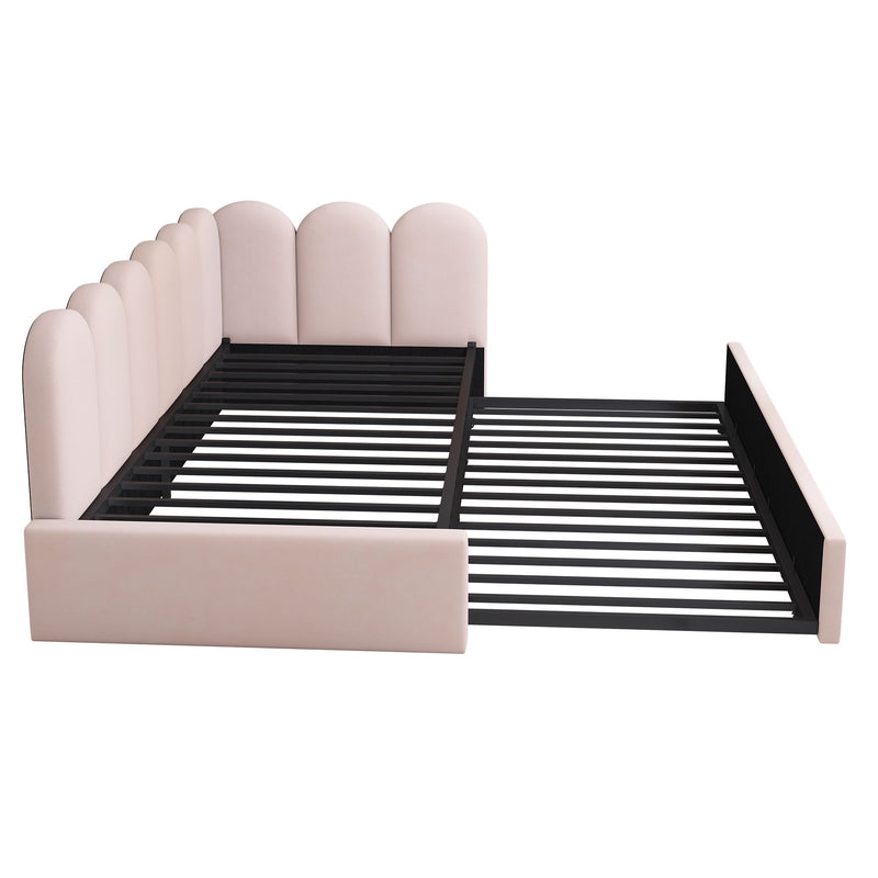 Artistry At Home upholstered daybed with metal slatted base, featuring plush fabric and a sleek modern design.