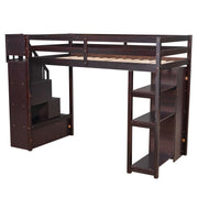 DreamHaus loft bed with built-in storage drawers, stairs with shelves, and a sturdy wooden frame for space-saving bedroom furniture.
