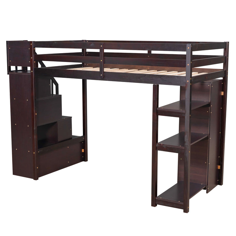 DreamHaus loft bed with built-in storage drawers, stairs with shelves, and a sturdy wooden frame for space-saving bedroom furniture.