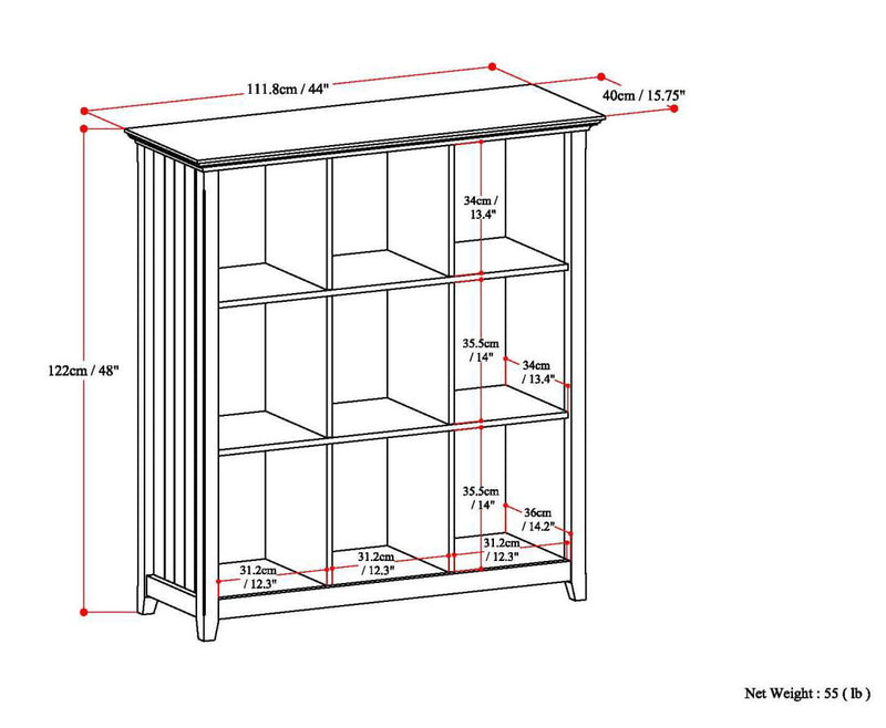 Handcrafted Acadian cube storage organizer by Simpli-Home featuring multiple open compartments in natural wood finish