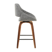 Set of two Lumi Source Fabrico mid-century modern counter stools with wooden legs and upholstered seats.