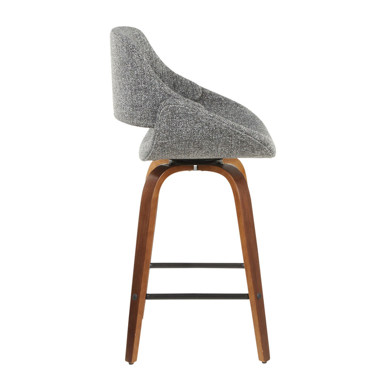 Set of two Lumi Source Fabrico mid-century modern counter stools with wooden legs and upholstered seats.