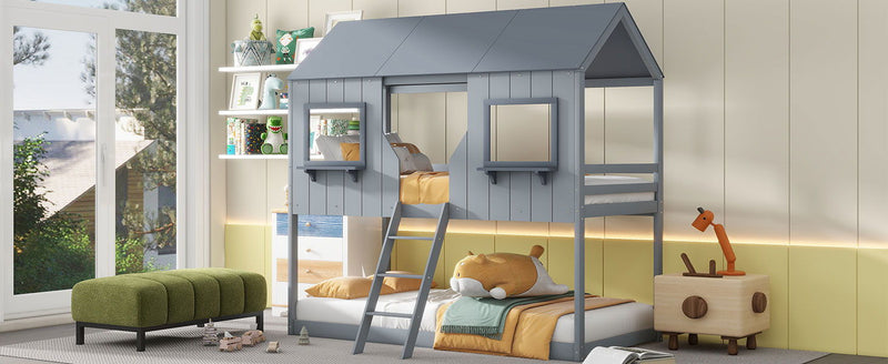 Twin Over Twin Bunk Bed With Roof, Window, Guardrail, Ladder - R&R Furniture Gallery (Fountain Valley, CA)