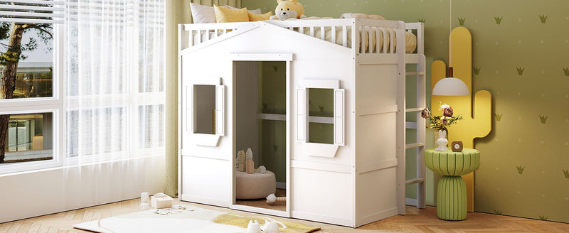 DreamHaus house loft bed with ladder, featuring a cozy sleeping area and sturdy wooden frame, ideal for compact bedrooms.