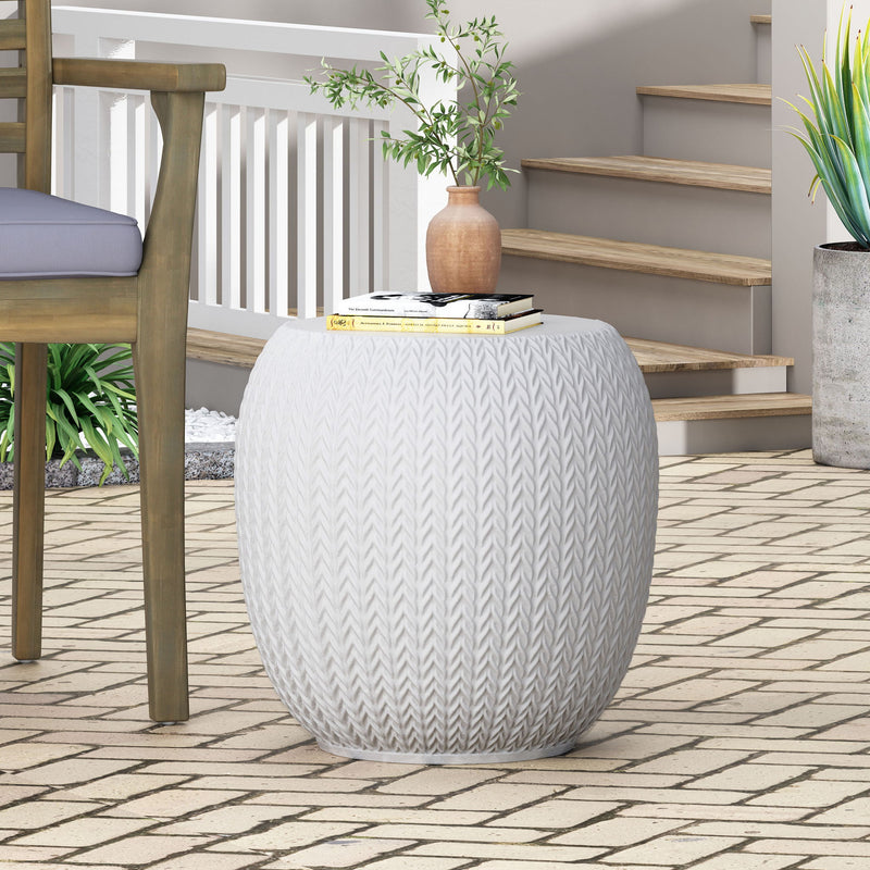 Outdoor lightweight concrete side table in antique white by Noble House, showcasing a sleek, modern design for patio or garden use.