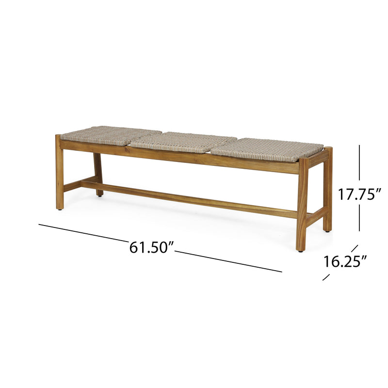 Noble House Cambria 3-seater teak bench with a natural wood finish, sturdy design, and slatted seat for outdoor or porch seating.