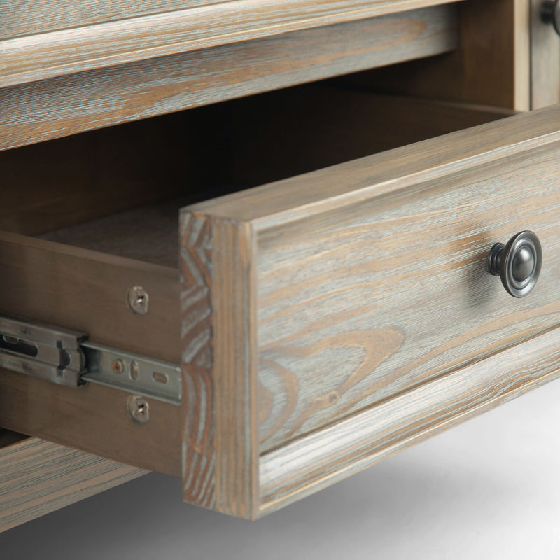 Wide TV media stand by Simpli-Home, Amherst model, featuring sleek wood finish, open shelving, and storage compartments for entertainment essentials.