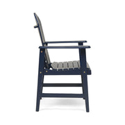 Set of two Noble House outdoor weather-resistant Acacia wood Adirondack dining chairs with wide armrests and slatted backs.