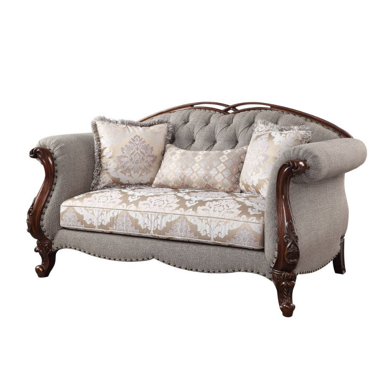 Miyeon - Loveseat With 3 Pillows - Fabric & Cherry - R&R Furniture Gallery (Fountain Valley, CA)