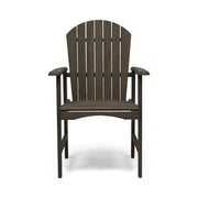 Set of two Noble House outdoor weather-resistant acacia wood Adirondack dining chairs with wide armrests and slatted backrests.