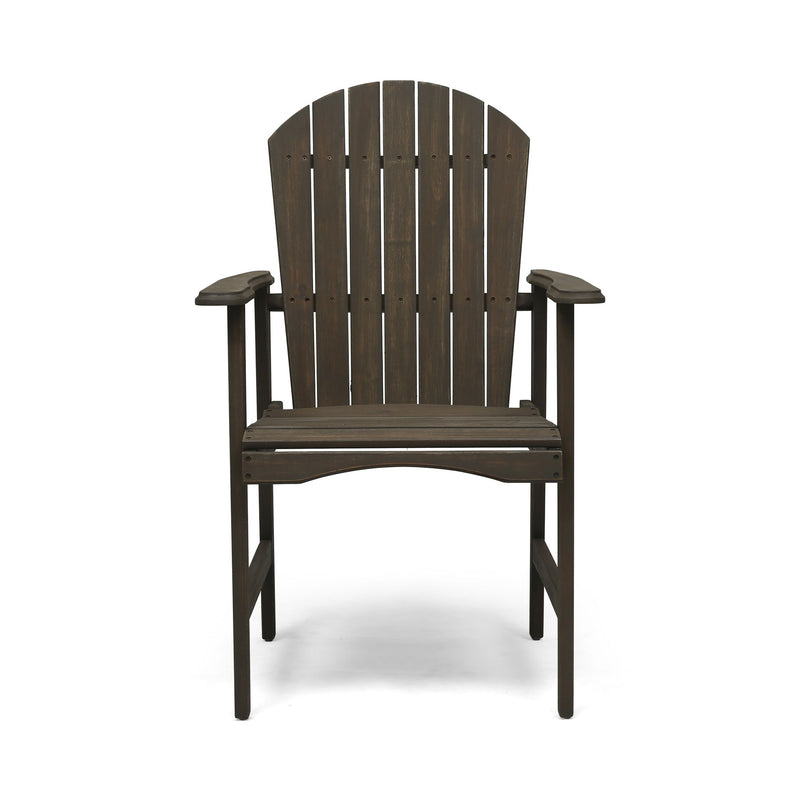 Set of two Noble House outdoor weather-resistant acacia wood Adirondack dining chairs with wide armrests and slatted backrests.