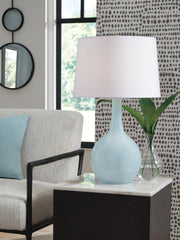 Aqua glass table lamp by Signature Design by Ashley® with a sleek, modern design, perfect for living room or bedside decor.