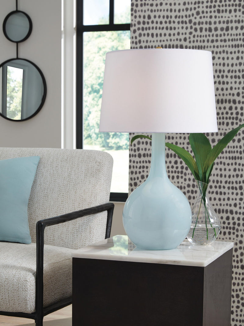 Aqua glass table lamp by Signature Design by Ashley® with a sleek, modern design, perfect for living room or bedside decor.