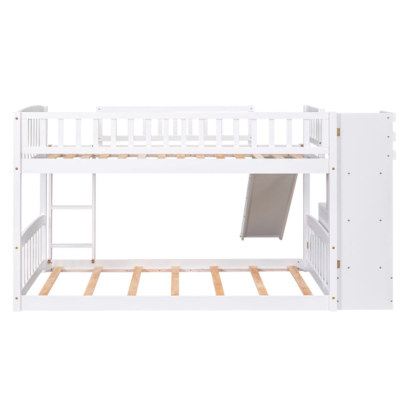 DreamHaus twin over twin stairway bunk bed with built-in drawers and slide, featuring a sturdy wooden frame and safety rails.