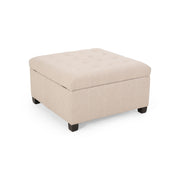 Noble House Isabella contemporary storage ottoman with cushioned top and wooden legs, ideal for living room seating and hidden storage.